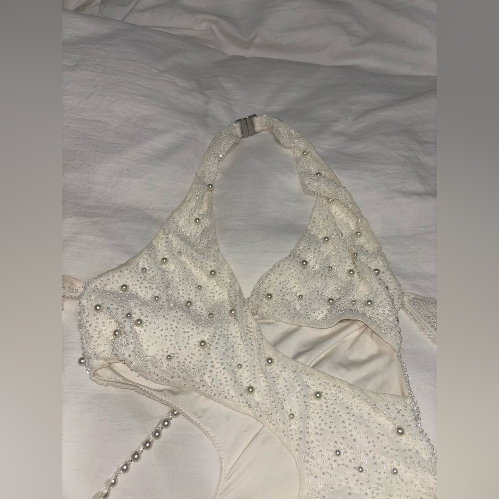 Oh Polly White Beaded Backless Cutout Halter Mini Dress - Picture 3 of 7